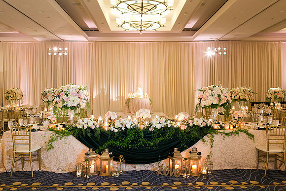 Blush pink, candles, deep green,